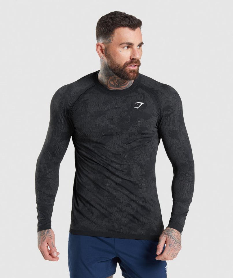 Koszulki Gymshark Geo Seamless Long Sleeve Męskie Czarne | PL 137HUT